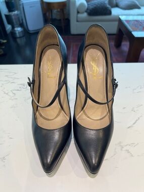 Yves Saint Laurent Black Leather Pointed Toe Platform Mary Jane Pumps